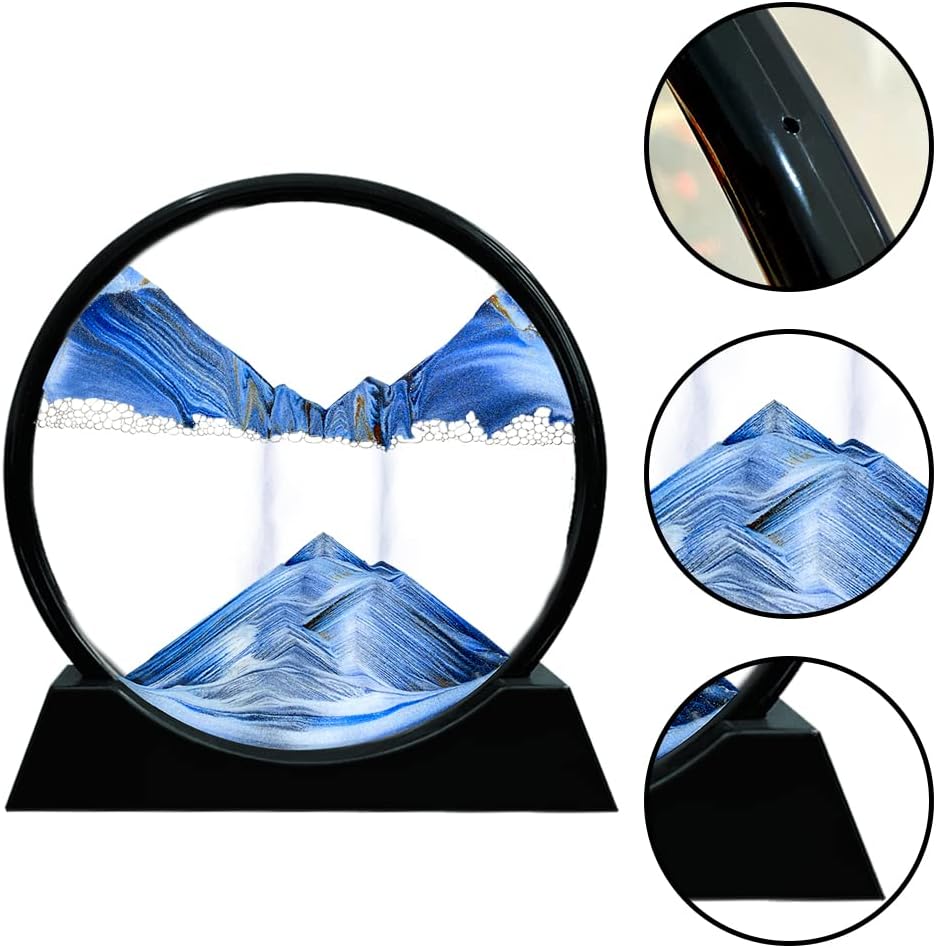 Aoderun Moving Sand Art Picture Round Glass 3D Deep Sea Sandscape in Motion Display Flowing Sand Frame Relaxing Desktop Home Office Work Decor (7", New blue)
