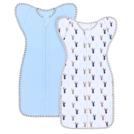 Transition Swaddle Baby Sleep Sack 0-3 Months Arms up Swaddles 2-Way Zipper 100% Cotton Arms in/out, 0.8 Tog Baby Swaddles for Newborn Boy Girl, 2-Pack Transitional Swaddle Sack (Small 5-14lbs)