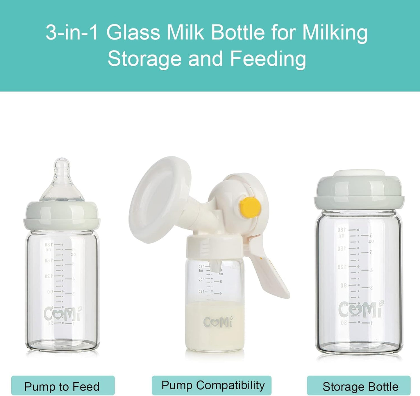 COMI Wide Neck Glass Breastmilk Collection n Storage Bottle, 6oz with Screw Ring Sealing Disk; Re-markable Sealing Disc. BPA Free, Fits Breast Pumps & Nipples (Pink Lids)