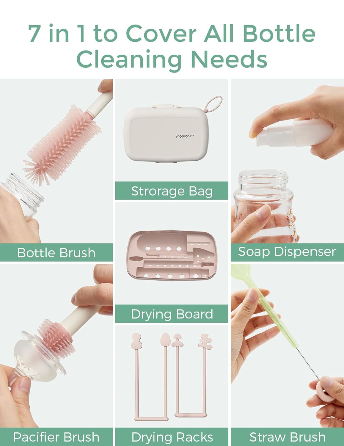 Momcozy Bottle Brush Set - Baby Bottle Cleaner Kit with Silicone Brush, Nipple Brush, Straw Brush, Soap Dispenser, Drying Rack - 7 in 1 Bottle Cleaning Tool for Home and Travel, Pink