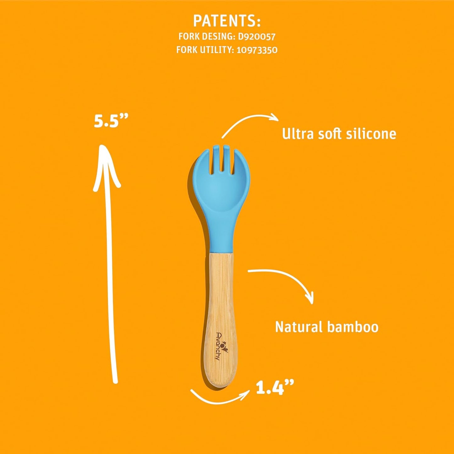 Avanchy Baby Fork Set, Bamboo and Silicone Spork Utensils, Toddler Baby Led Weaning Silverware Cutlery Flatware, Kids First Self Feeding, 2 Pack, Gray