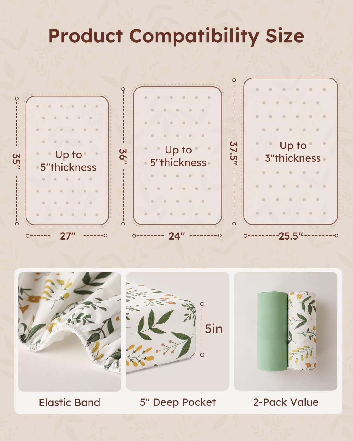 Yoofoss Baby Pack and Play Sheets 2 Pack for Boys and Girls - 38x26 Mini Crib Sheets Fitted Neutral Compatible with Graco Pack n Play Mattress,Ultra Soft Breathable Microfiber Green Flower