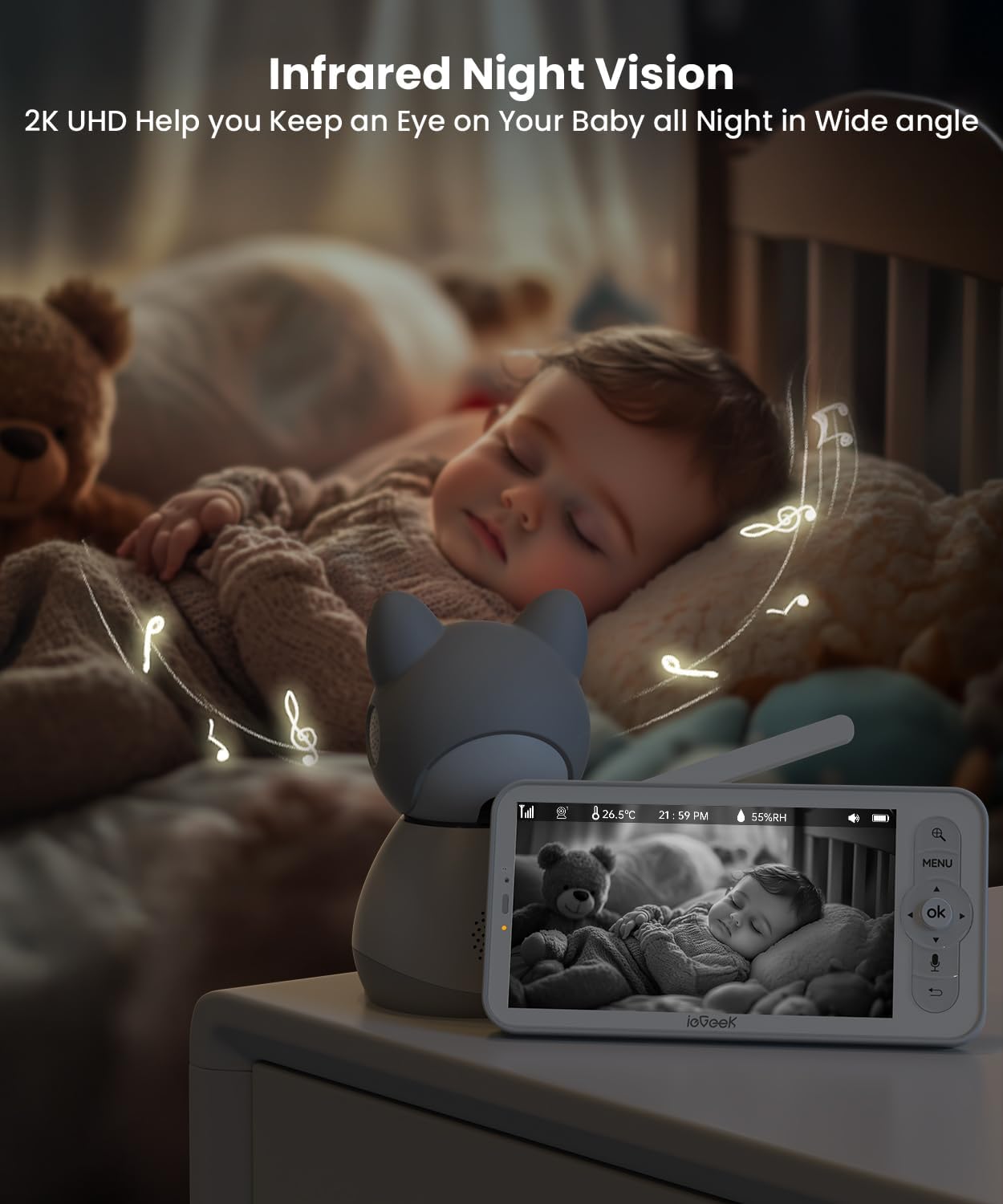 ieGeek Baby Monitor with Camera and Audio - 2K Video Monitor with 5" Screen - Night Vision, Two-Way Talk, Cry&Motion Detection, Temper& Humidity Sensor, PTZ, Remote Control via Screen and Free APP