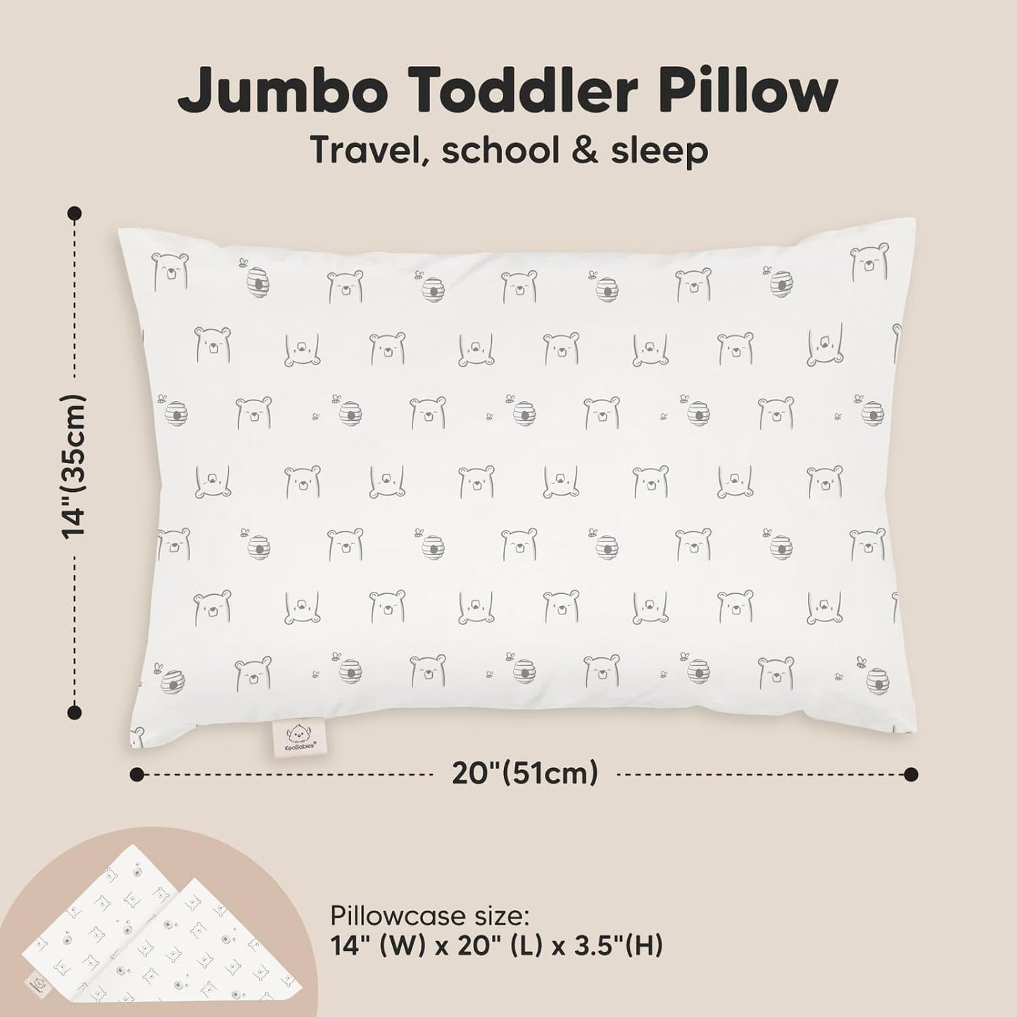 KeaBabies Toddler Pillow with Pillowcase, Jumbo 14X20 - Soft Organic Cotton Toddler Pillows for Sleeping - Machine Washable - Perfect for Travel, Toddler Bed Set (Bumble Bear)