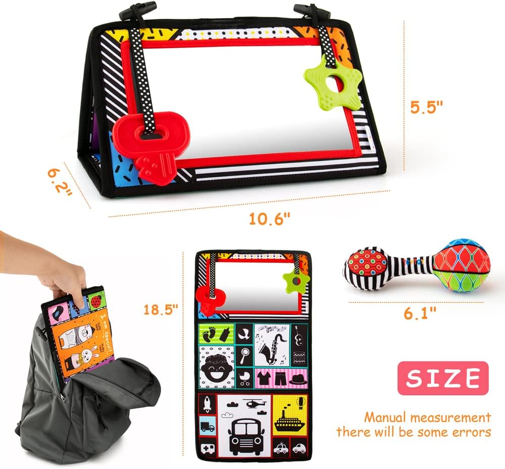 3-in-1 Tummy Time Mirror with Soft Crinkle 3D Activity Book, Teethers, Rattle - High Contrast Black and White Montessori Baby Crawling Toys Developmental Newborn Infant Sensory Toys Gift 0-12 Months