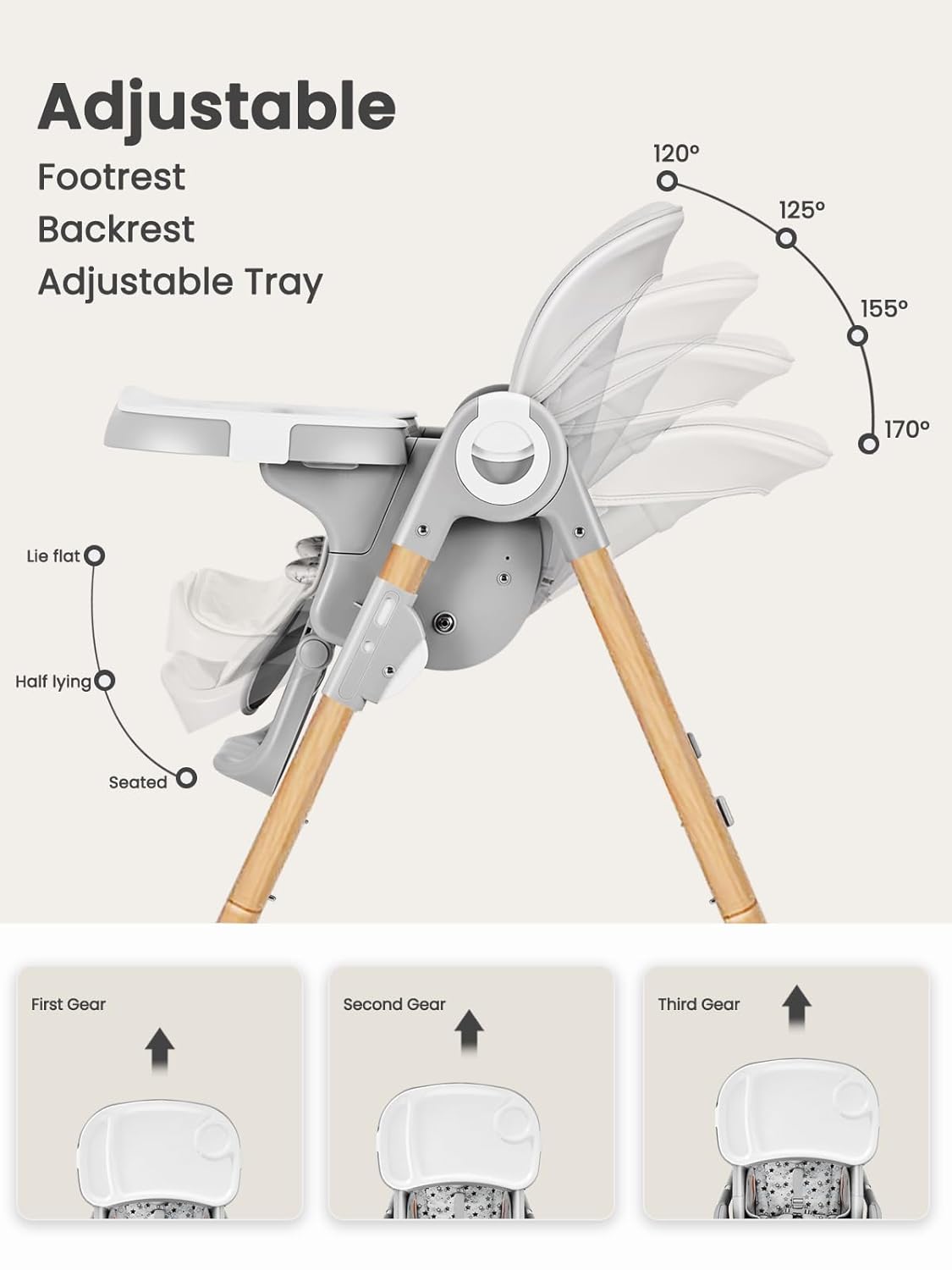 Foldable High Chair with Soft Cushion, High Chairs for Babies and Toddlers, Height Adjustable Feeding Chair, Adjustable Backrest and Footrest, Lockable Wheels, Woodgrain Star Gray