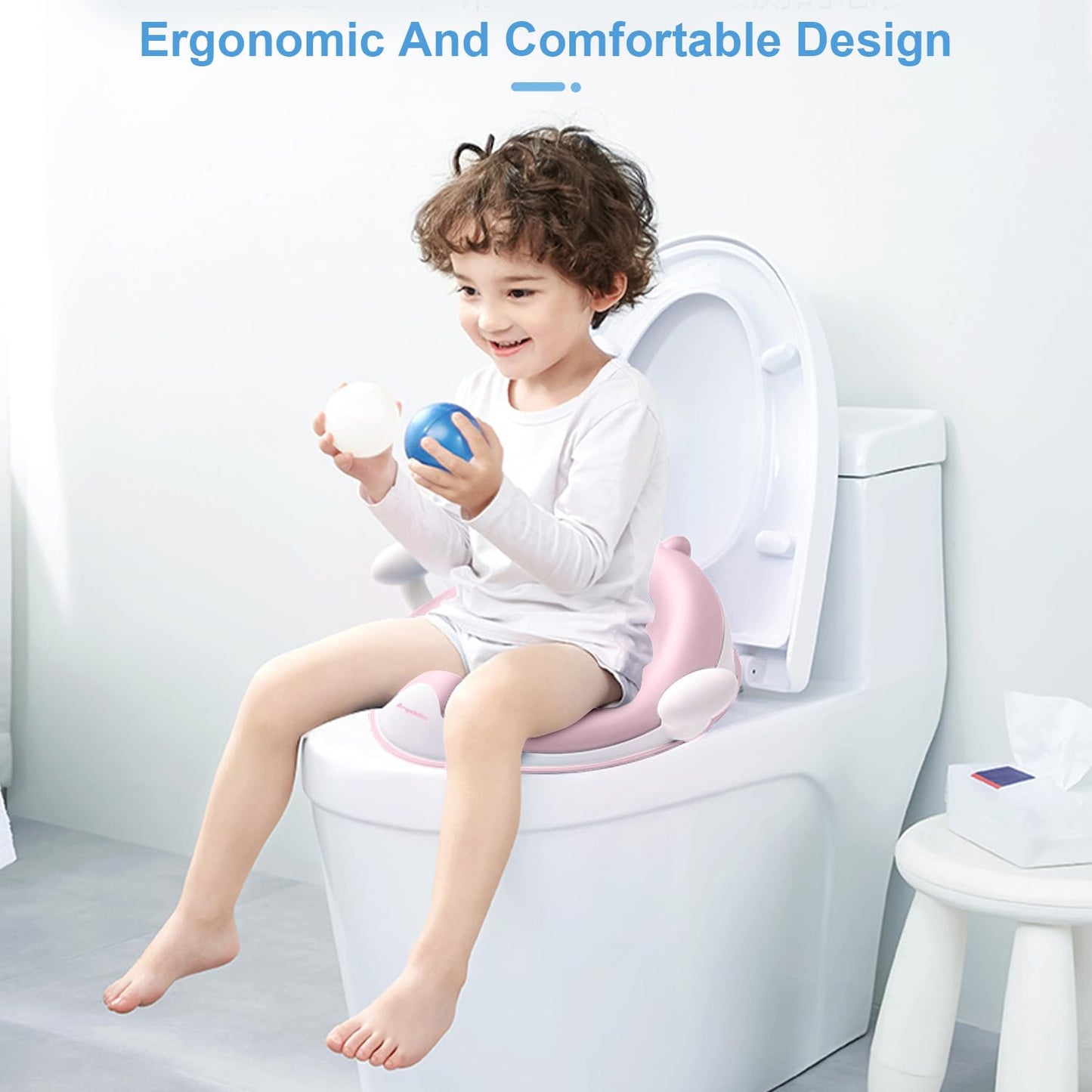 ANGELBLISS Baby Potty Training Toilet Seat with Soft Cushion Handles, Haute Collection, Double Anti-Slip Design and Splash Guard for Boys and Girls (Pink)