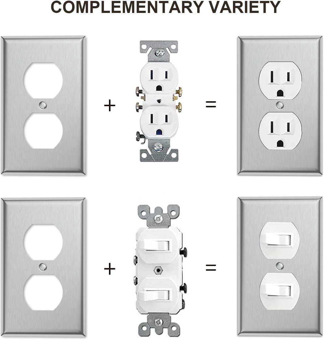 10-Pack Single Duplex Wall Switch Plate Outlet Cover - Stainless Steel Decorator Receptacle Outlet Plate Covers - Brushed Finish - Silver