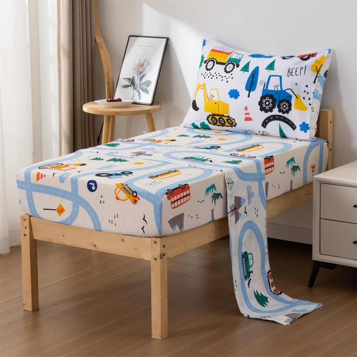 NTBED 4 Pieces Construction Toddler Bedding Set for Baby Boys,Tree Truck Vehicles Excavator Cars Printed, Includes Comforter, Flat Sheet, Fitted Sheet and Pillowcase,Blue