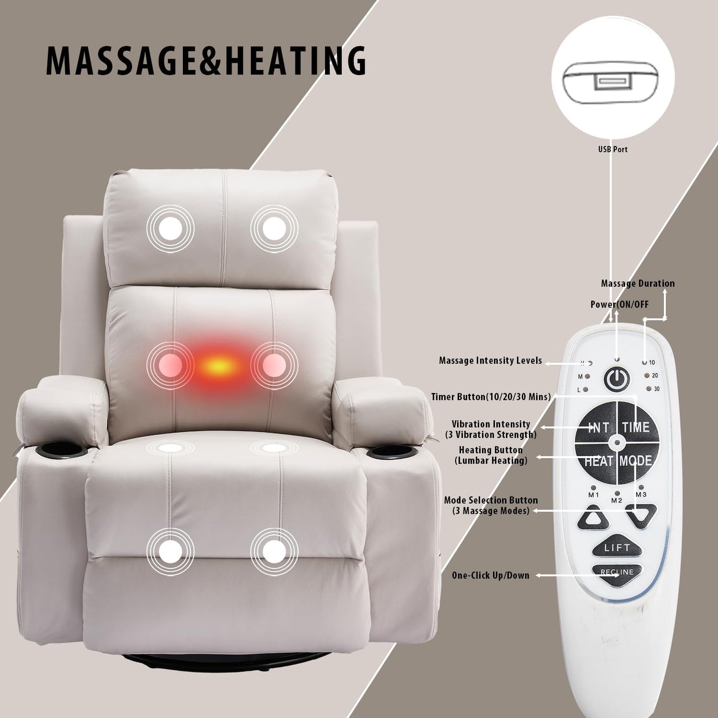 KCQ Electric Swivel Recliner Chair with Massage Heat Cup Holders Overstuffed PU Leather Power Rocking Glider Chairs Rocker Recliner for Adults, Beige