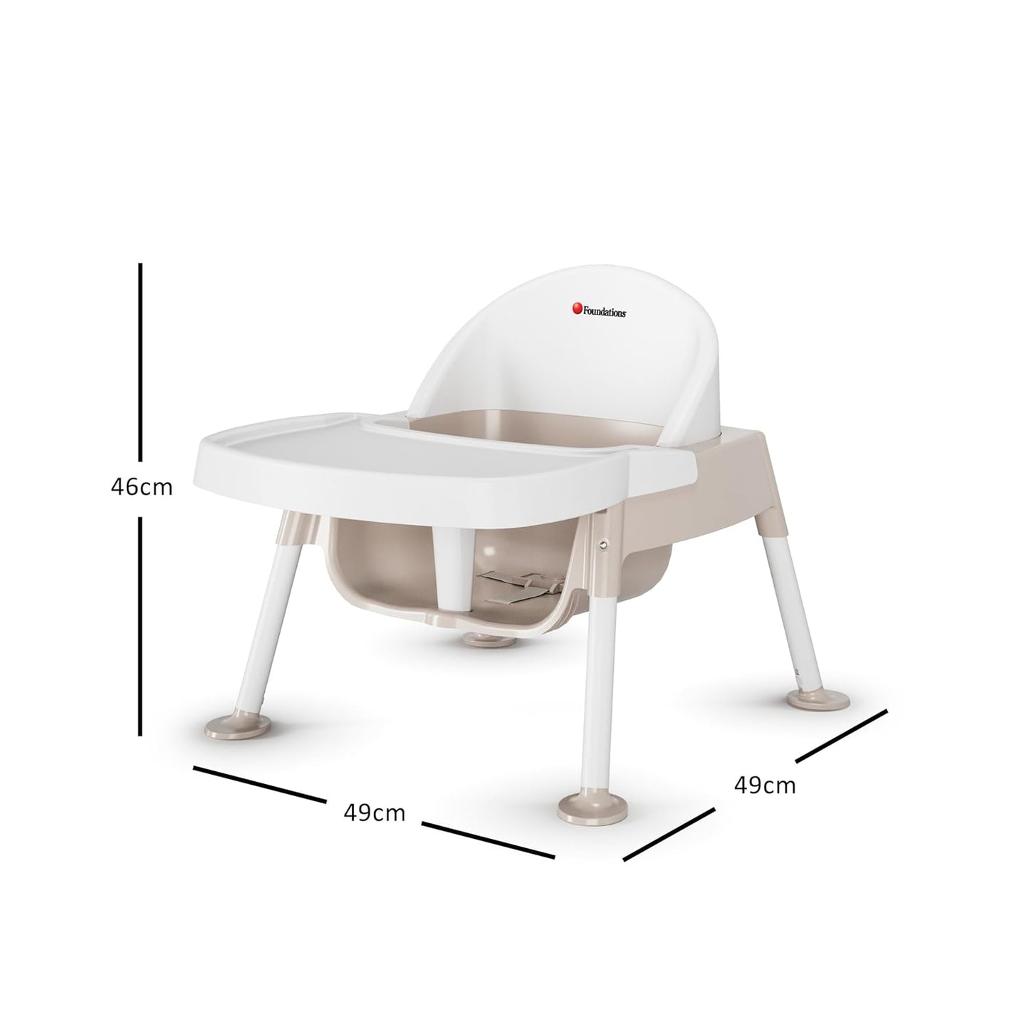 Foundations Secure Sitter 5" Feeding Chair, Stable “No Tip” Feet, 3-Point Adjustable Harness, Removable Tray, Easy to Clean, Smooth Plastic (White/Tan)