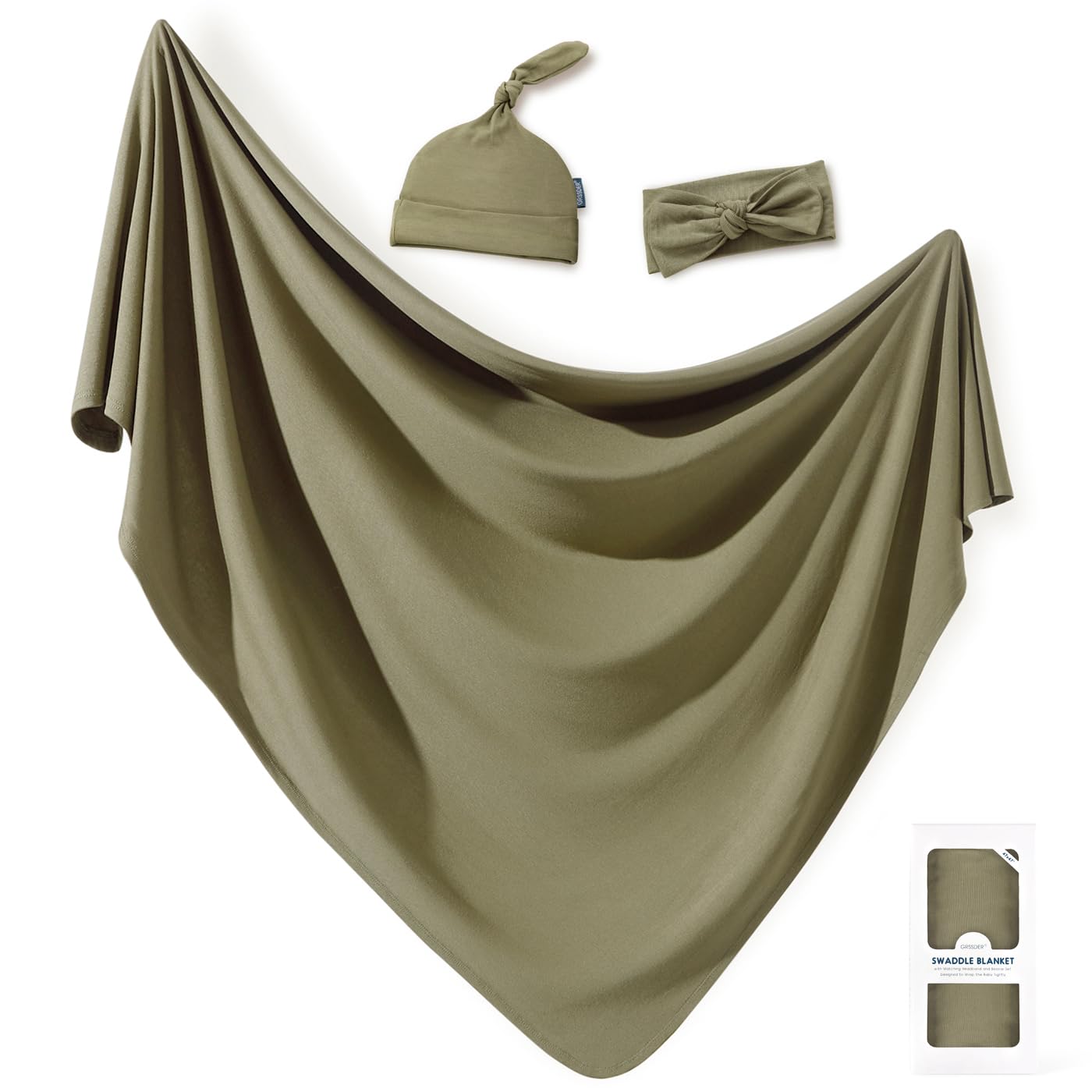 GRSSDER Newborn Swaddle Blanket, Ultra Soft Jersey Receiving Blanket with Matching Headband and Beanie Set, 47×47" Extra Large Nursery Swaddle Wrap for Girls and Boys