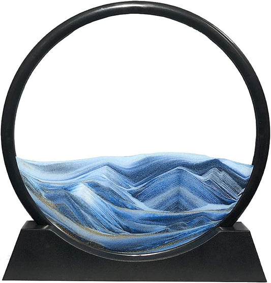 Aoderun Moving Sand Art Picture Round Glass 3D Deep Sea Sandscape in Motion Display Flowing Sand Frame Relaxing Desktop Home Office Work Decor (7", Blue)