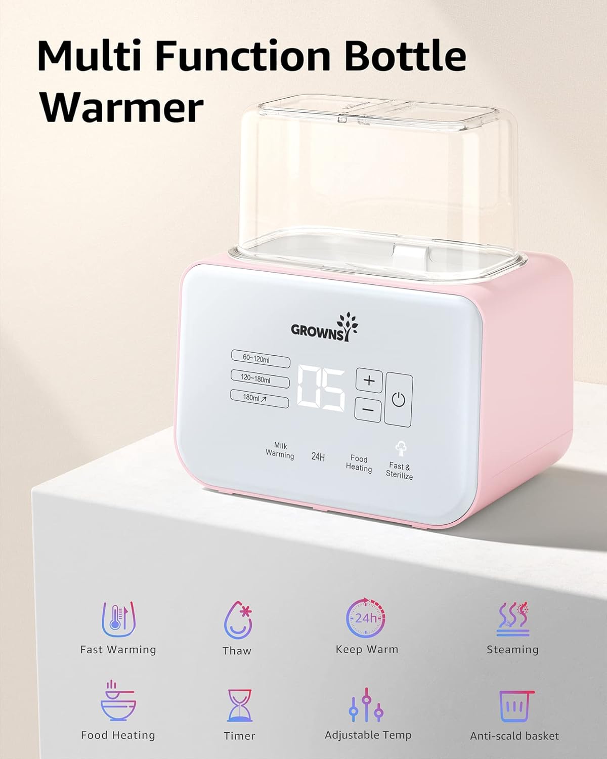 Baby Bottle Warmer, Gronwsy 8-in-1 Fast Milk Warmer with Timer Breastmilk or Formula, Fits 2 Bottles, Accurate Temperature Control, with Defrost, Sterili-zing, Keep, Heat Baby Food Jars Function