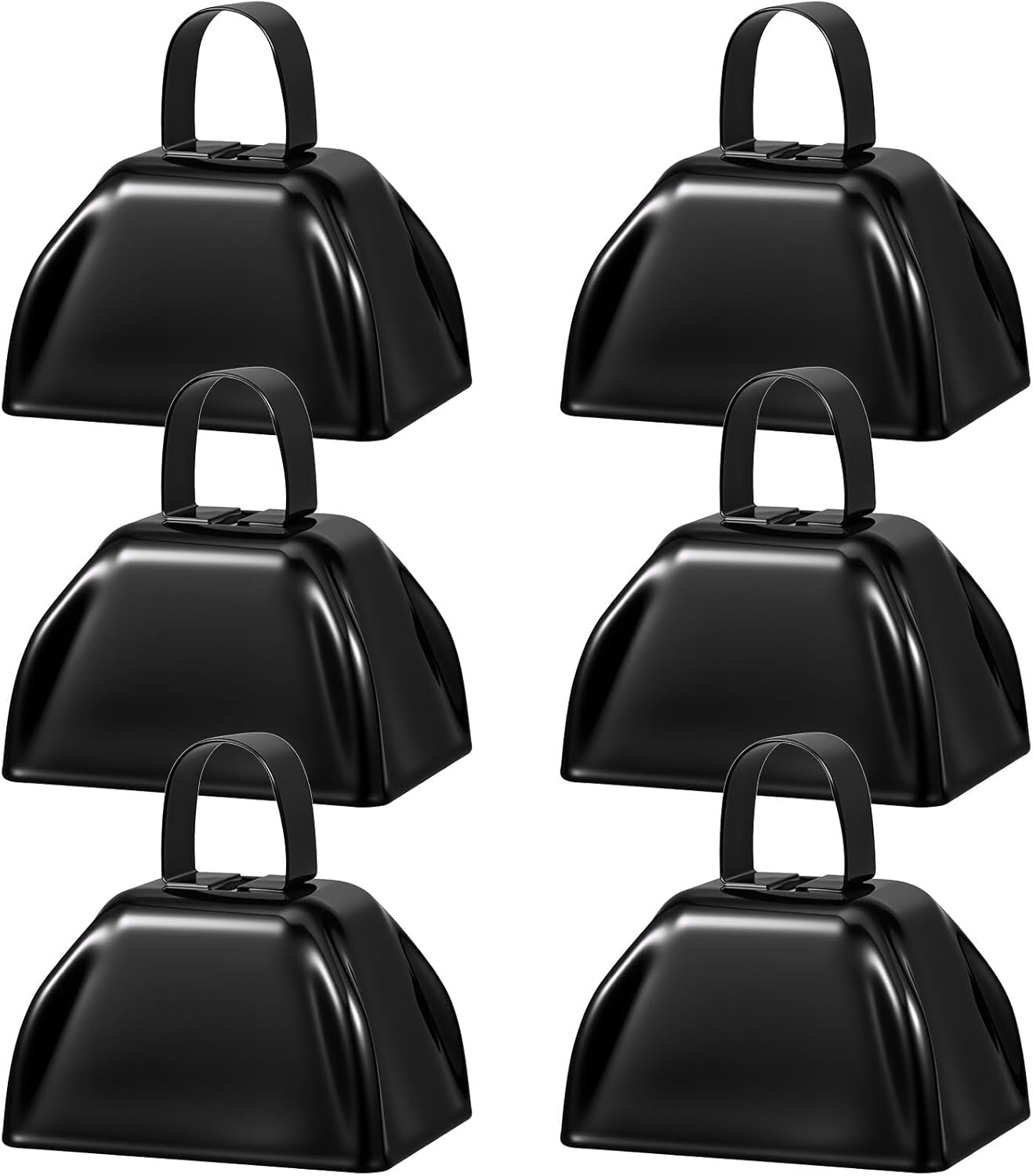 6 Pcs 3 Inch Metal Cowbells Noise Maker Hand Percussion Cow Bells with Handles for Sporting Events Cheering Noisemakers Weddings Team Spirit Sports Party Favors (Black)