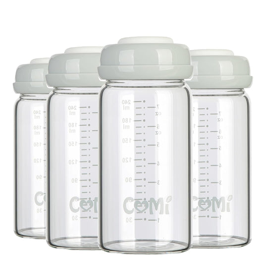 COMI Wide Neck Glass Breastmilk Collection n Storage Bottle, 8oz with Screw Ring Sealing Disk; Re-markable Sealing Disc. BPA Free, Fits Breast Pumps & Nipples (4 Gray Lids)
