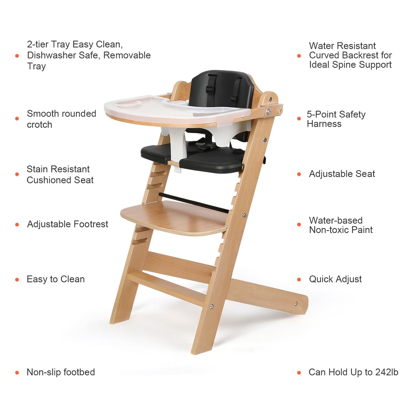 Cowiewie Natural Wooden High Chair for Babies & Toddlers 3-Tier Remove & 2 Adjustable Tray, 8 Adjustable Highchair with Cushions, Easy to Clean (Black)