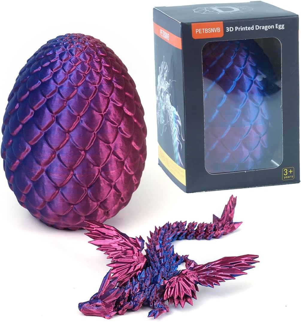 7" 3D Printed Dragon with Wings in Egg, Easter Basket Stuffers, Crystal Dragon Surprise in Eggs, Articulated Dragon, Dragon Fidget Toy, Home Office Decor Executive Desk Toy (Laser Purple)
