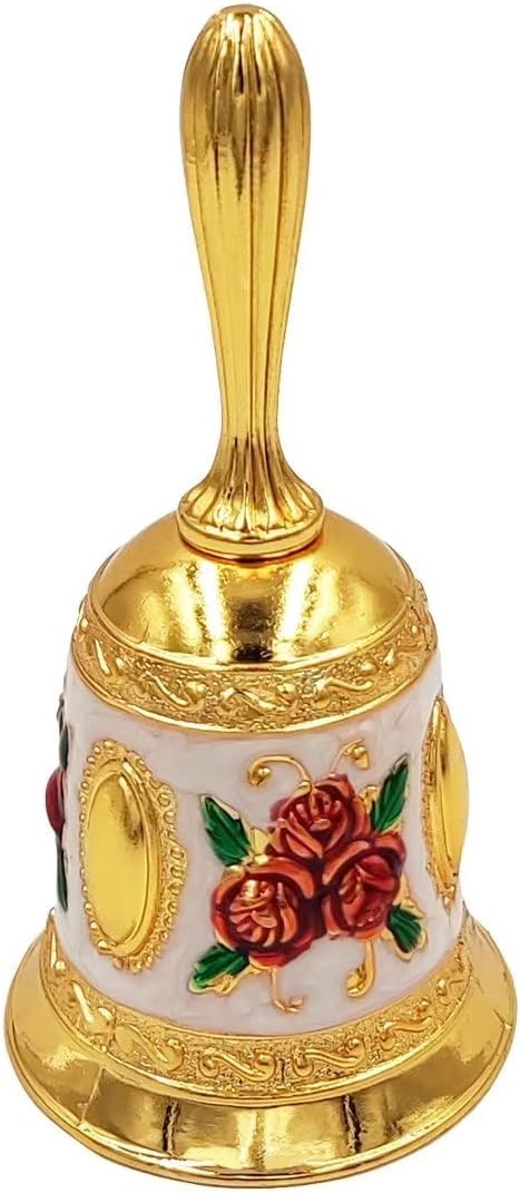 Hourwof Hand Bell,Metal Dinner Bell Decorative Wedding Bells Service Bell Call Bell Christmas Bell,Golden Red Rose