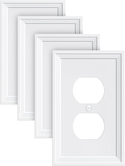 4-Pack Duplex Outlet Cover, Natural Bamboo Fiber Switch Plates and Outlet Covers, White Decorative Wall Plates for Electrical Outlets, 1 Gang Receptacle Cover, Corrosion Resistant
