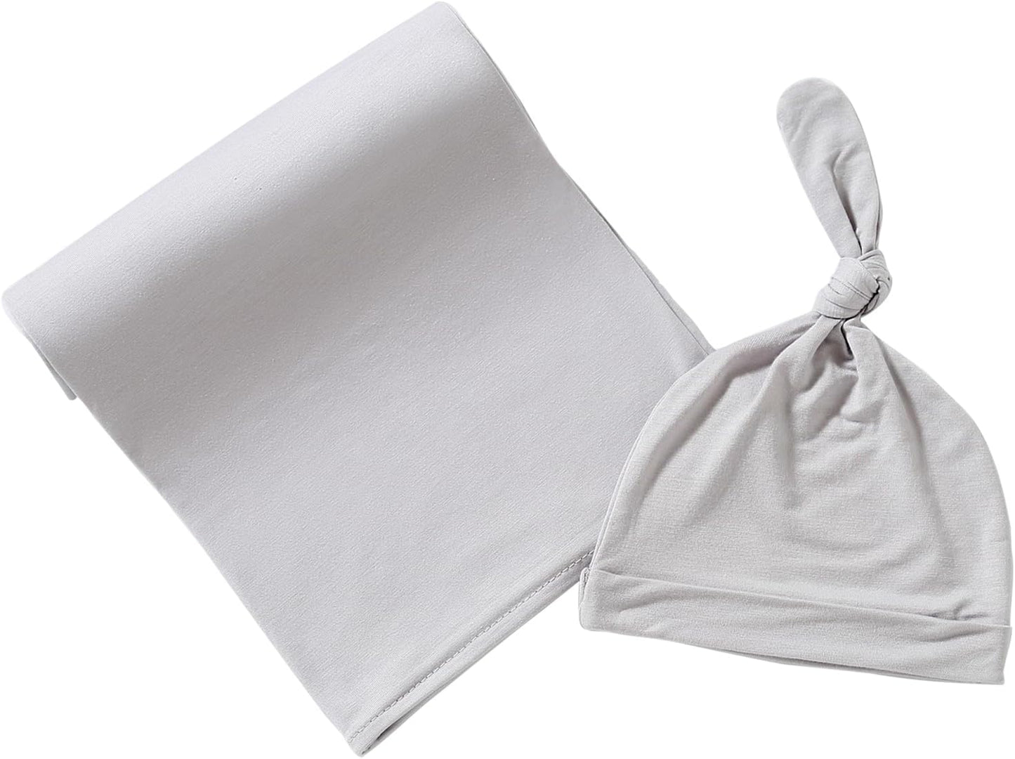 iEvolve Cotton Knitted Baby Swaddle Blanket with Hat Headband Set Newborn Swaddle Wrap Receiving Blankets for Baby Girl Boy 35" x 35"(Grey)