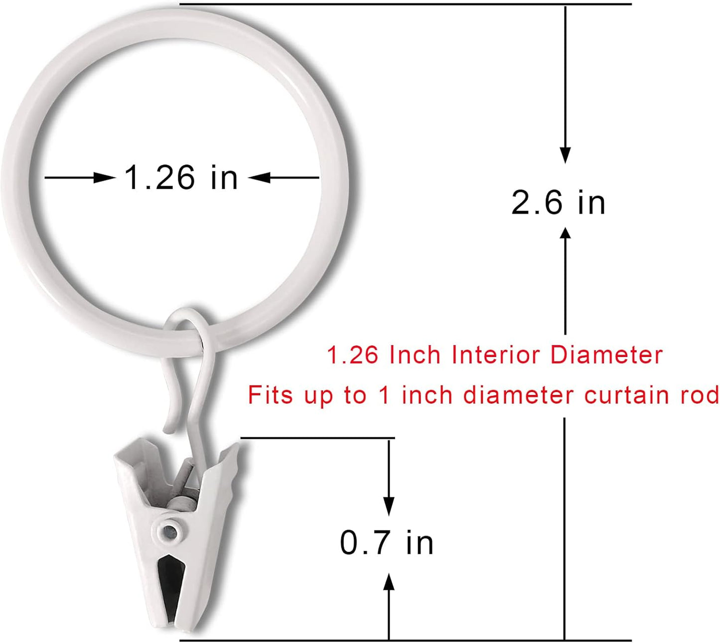 100 Pack White Curtain Rings with Clips, Curtain Hooks Hangers Clip Rings for Hanging Drapes Bows Hat, Drapery Rings 1.26 in I D, Fits up to 1 in Diameter Curtain Rod.