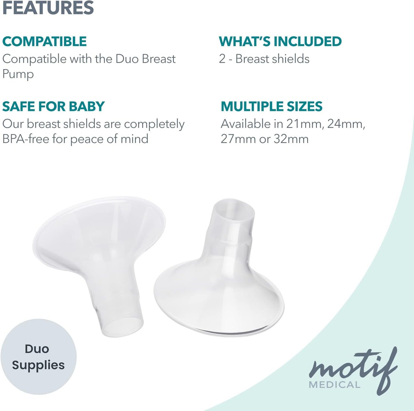 Motif Medical Duo Breast Pump Flange - Comfortable Flanges for Better Milk Flow & Pumping Ease - Ideal Breast Pump Flange Insert for Breastfeeding Moms (2 Shields, 19 mm)