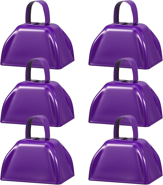 6 Pcs 3 Inch Metal Cowbells Noise Maker Hand Percussion Cow Bells with Handles for Sporting Events Cheering Noisemakers Weddings Team Spirit Sports Party Favors (Purple)