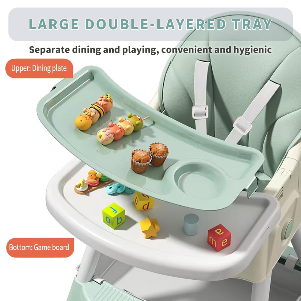 High Chairs for Babies and Toddlers, 4 in 1 Convertible Baby High Chair, Portable High Chair for Travel with Adjustable Height and Back, Foldable HighChair with Wheels& Pu Cushion (Green)