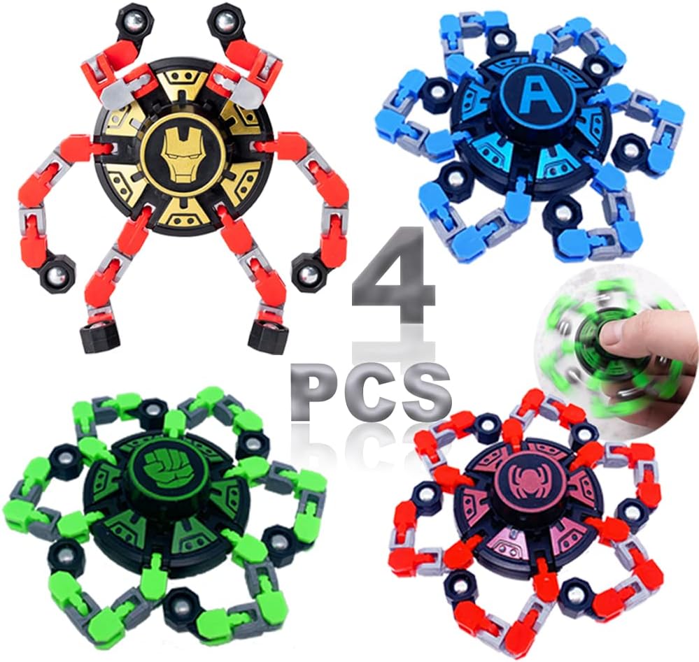 4Pack Fingertip Gyro Fingertip Mechanical Top DIY Deformation Robot Metal Transformable Gyro Spinners Finger Chain Robot Toy Changeable Face Fidget Spinners Octopus ADD ADHD Astium for Kids Adults