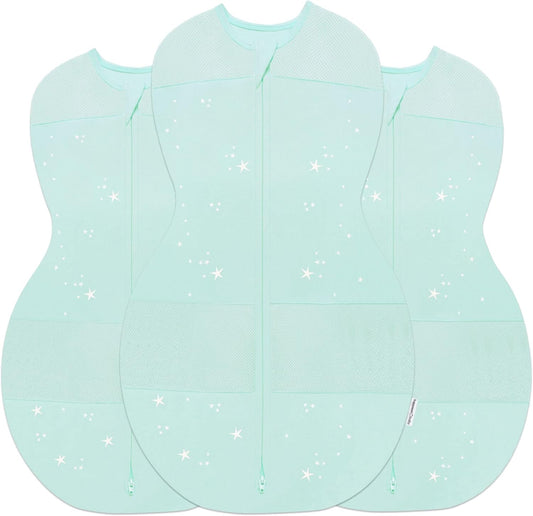 Happiest Baby Sleepea 5-Second Swaddle - 100% Organic Cotton Baby Swaddle Blanket - Doctor Designed Promotes Healthy Hip Development - 3-Pack Newborn Bundle (Teal Stars, 2 x Small, 1 x Medium)