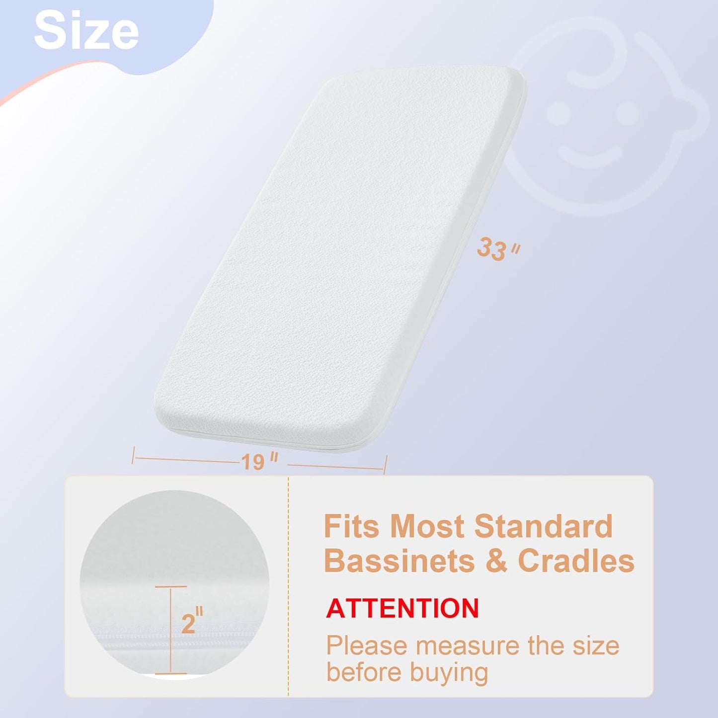 NeoBorn Baby Bassinet Mattress Pad, 33" x 19" Dual Sided Comfort Gel Memory Foam Mattress with Removable Breathable Soft Tencel Cover Fit for Jimglo/ANGELBLISS 3 in 1/BabyBond/Cowiewie Baby Bassinet