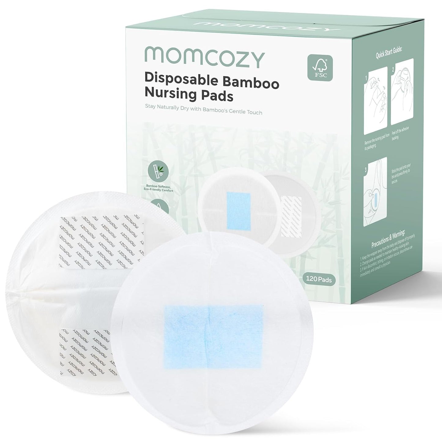 Momcozy Bamboo Disposable Nursing Pads, Advanced Blue Core for Ultra-Absorbent, Leakproof & 3D Design, Biodegradable for Sensitive Skin, Individually Wrapped, 120 Count