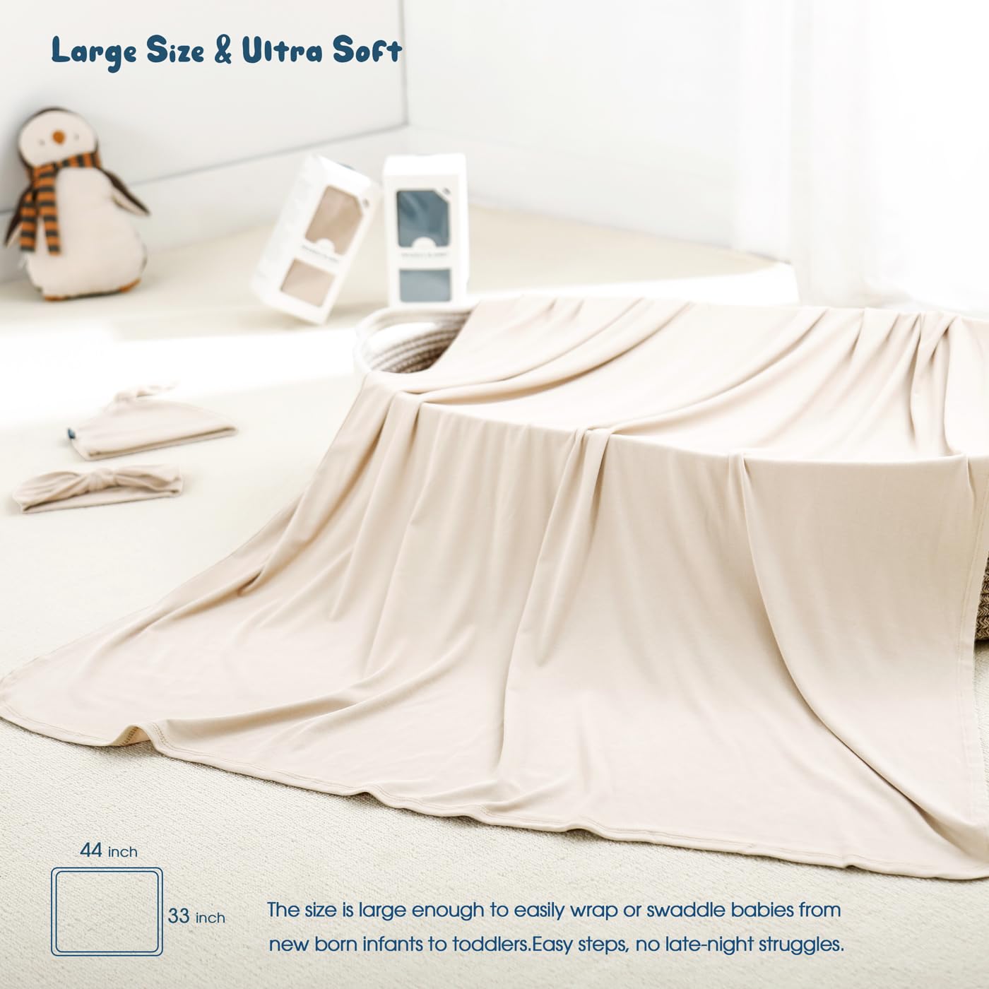 GRSSDER Newborn Swaddle Blanket, Ultra Soft Jersey Receiving Blanket with Matching Headband and Beanie Set 33×44", Stretchy Baby Neutral Swaddle Wrap for Girls and Boys