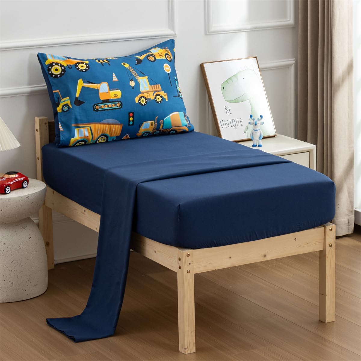 NTBED 4 Pieces Traffic Construction Toddler Bedding Set for Baby Boys,Truck Vehicles Excavator Cars Printed, Includes Comforter, Flat Sheet, Fitted Sheet and Pillowcase,Blue