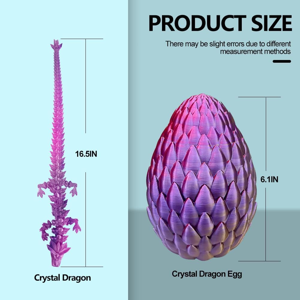 3D Printed Dragon with Dragon Egg 16.5'' Articulated Dragon Crystal Dragon Fidget Dragon Egg Toys Executive Desk Toys (Red Green Blue, Dragon Only)