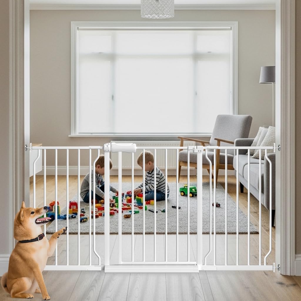 57.5"-62" Extra Wide Auto Closing Baby Safety Gate for Stairs & Doorways, Pressure Mounted No Drill Pet Gate with Walk-Through Door - Heavy Duty Childproof Gate for Toddlers, Kids, Dogs (White)