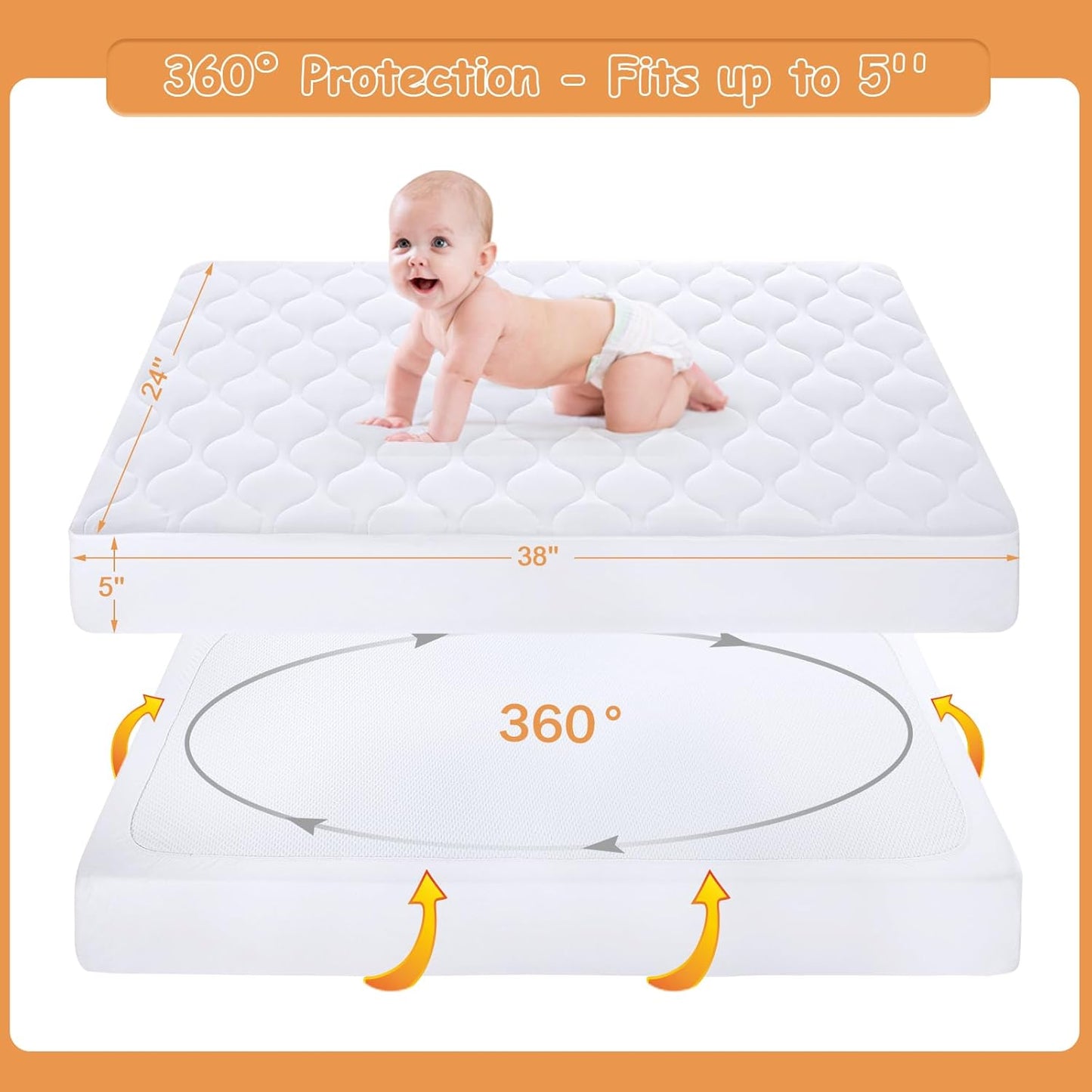 Yoofoss Waterproof Mini Crib Mattress Protector, Quilted Baby Mattress Pad Cover Soft and Breathable, Machine Washable Portable Mattress Protector for Standard Baby Mini Crib Size 38"X24" - White