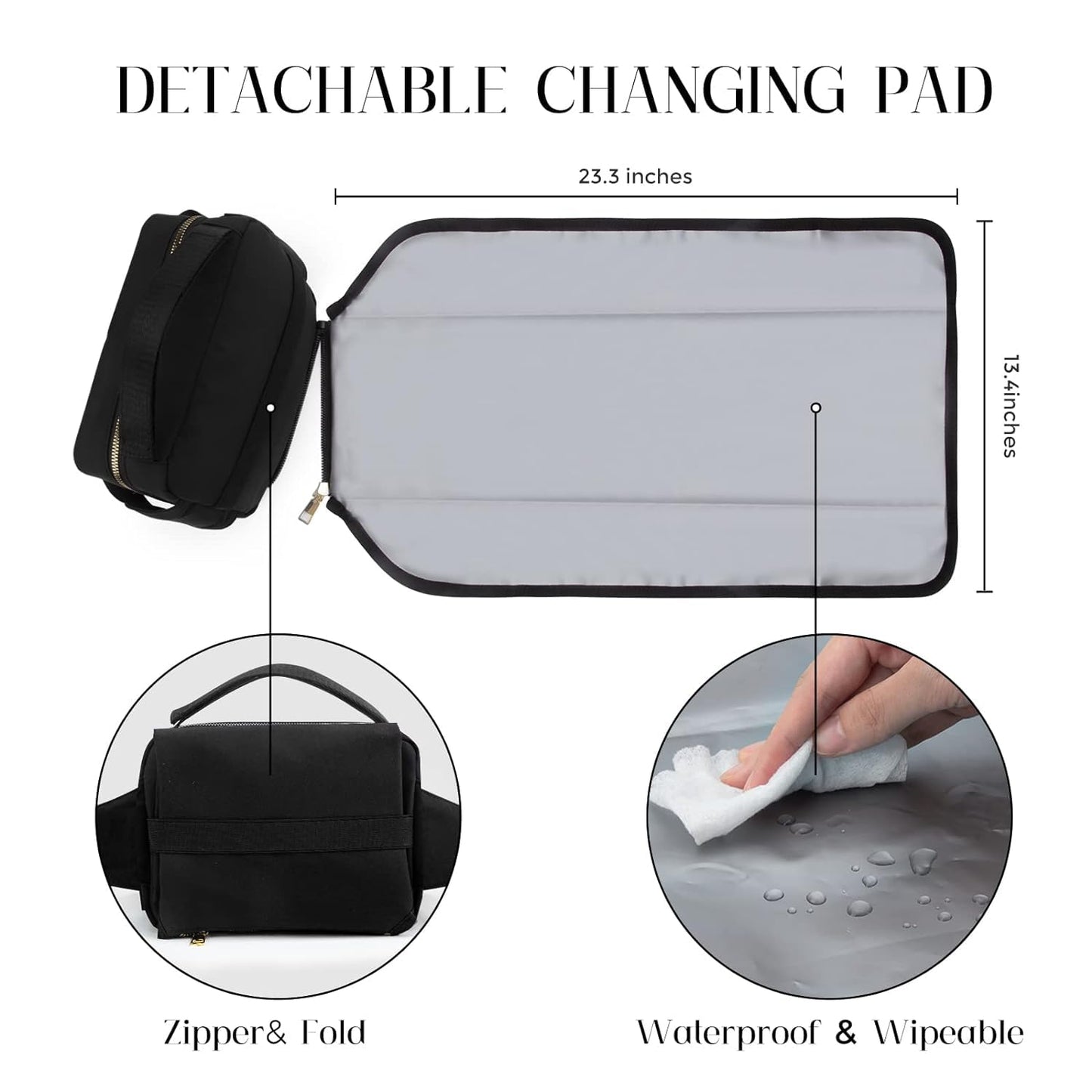 printe Small Diaper Bag with Portable Changing Pad, Crossbody Fanny Pack with Wipes Pocket for Stroller, Women Waist Bag for Travel, Black Large