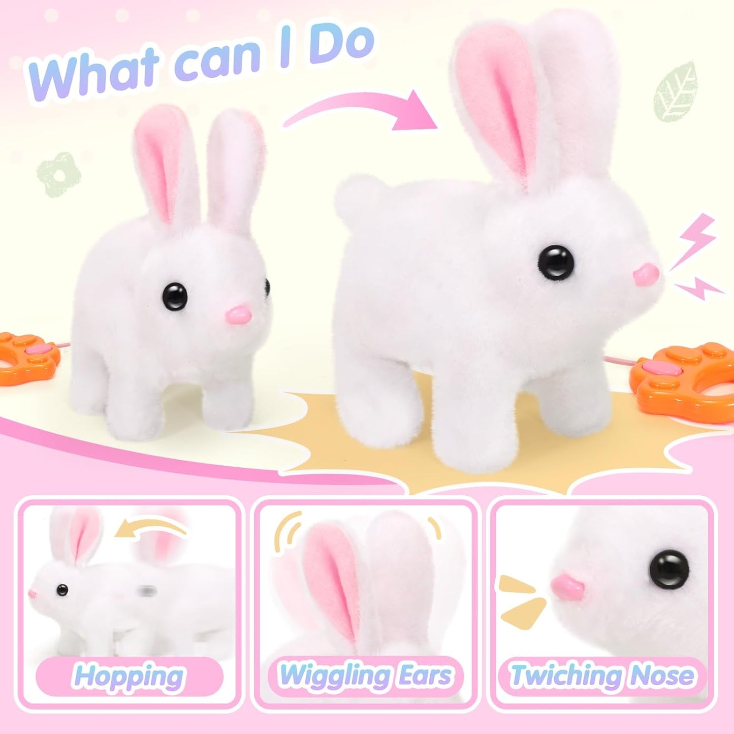 Hopping Plush Bunny Easter Interactive Toys for Kids,Can Wagging Tail and Twitching Nose with Remote Control Leash,Easter Eggs and Decorations,Easter Christmas Birthday Gift for Toddlers