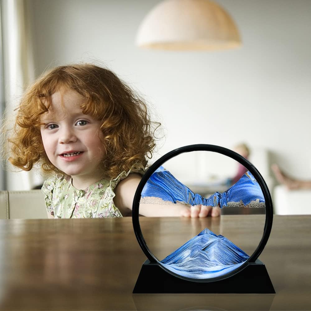 Aoderun Moving Sand Art Picture Round Glass 3D Deep Sea Sandscape in Motion Display Flowing Sand Frame Relaxing Desktop Home Office Work Decor (12", Blue)