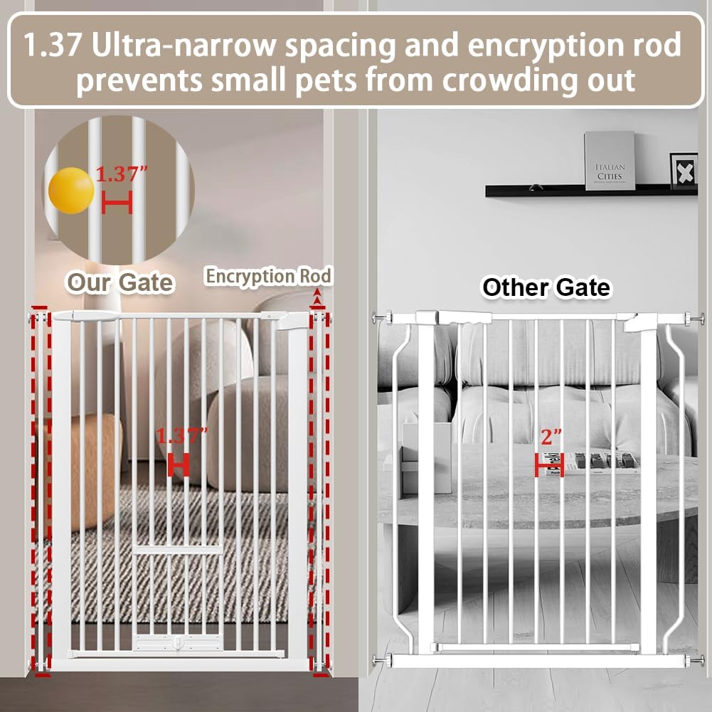 40.55" Tall 1.37" Ultra Narrow Spacing 30.12-61.61" Extra Wide Dogs Pets Baby Gate with Door for Doorway Cat Safety Proof Indoor Puppy Pressure Mounted No Drill White Black Metal Hallway