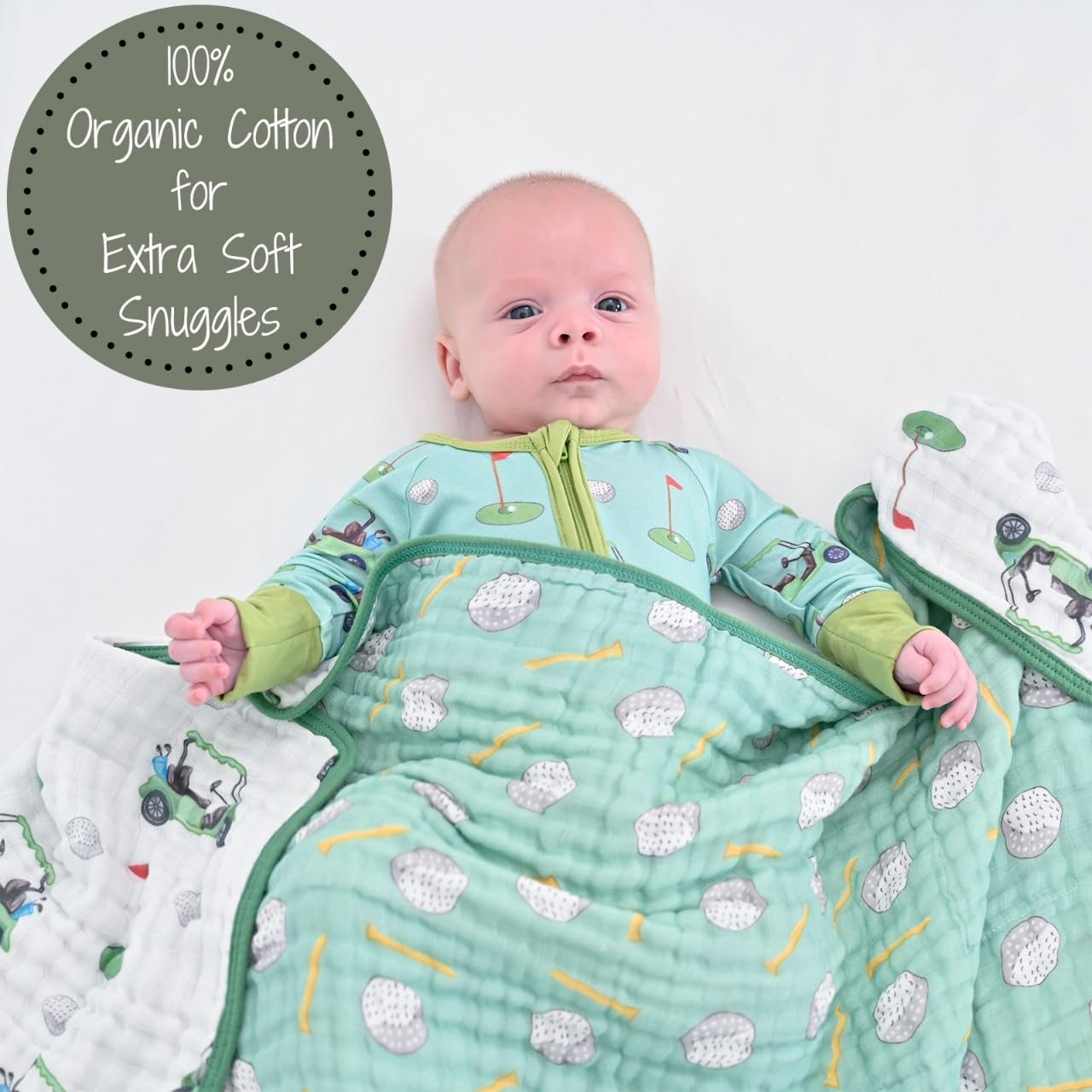 LollyBanks Muslin Baby Blanket 100% Organic Cotton, Muslin Quilt Lightweight, Toddler Blanket for Boys and Girls, 6 Layers Baby Blankets 47"x 47", Soft Nursery Receiving Blankets (Golf Print)