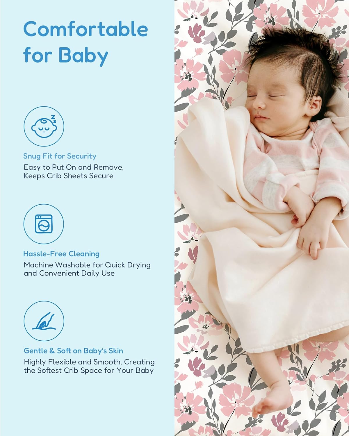 Baby Crib Sheets Boy Girl for Standard Crib Mattress - Flower&Pink Checkered Crib Sheet, Soft Jersey Knit, Breathable and Cozy, Fits 28''x52''x9'' Extra Deep Pocket