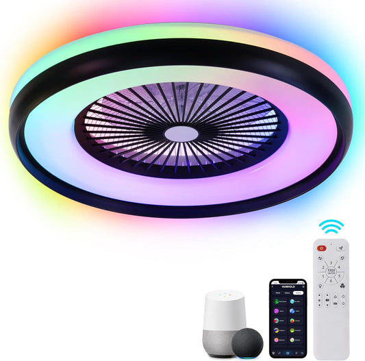 24" Bladeless Ceiling Fan with RGB Light Remote, Smart LED Ceiling Fans with Voice/App Control, Modern Low Profile Dimmable Light Ceiling Fan for Bedroom Living Room Black