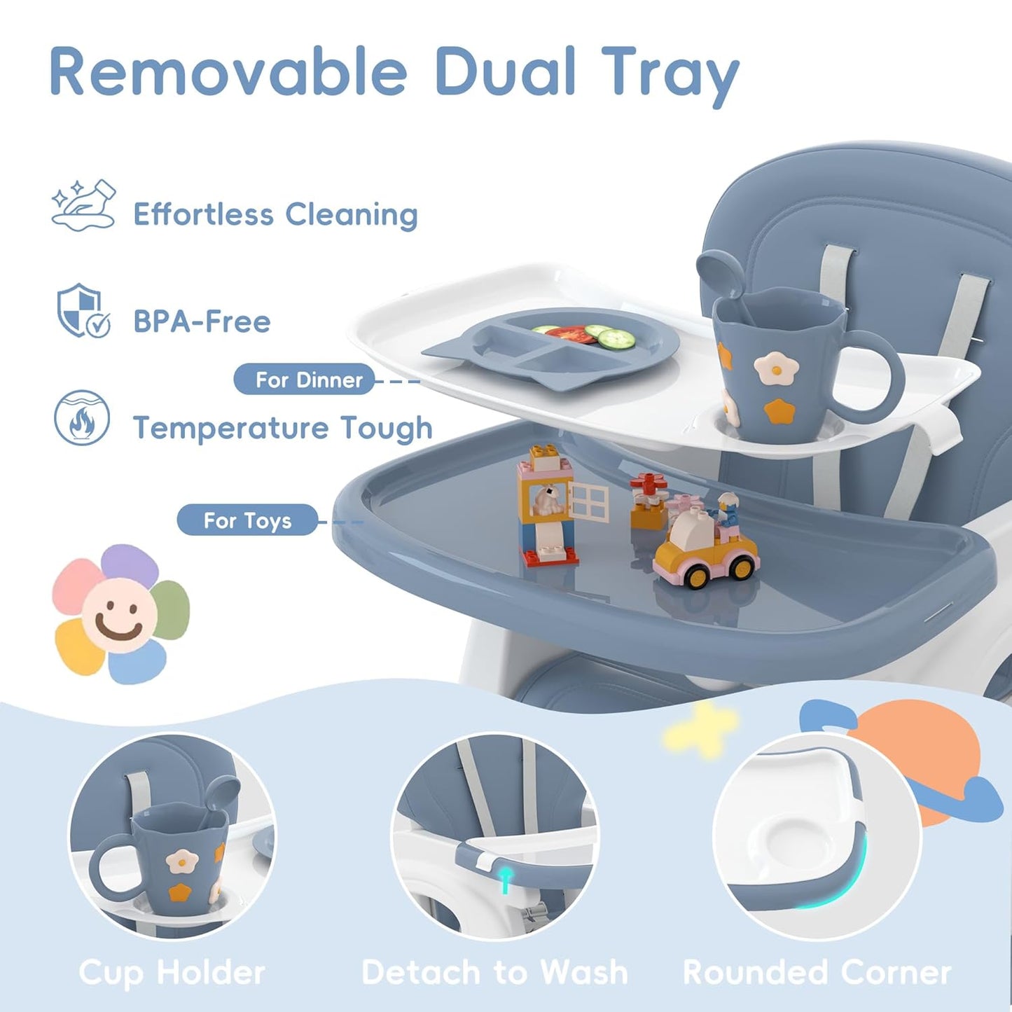 Xilingol 8 in 1 Convertible Baby High Chair W/Wheels, Baby Feeding Chair W/Adjustable Backrest & Removable Dual Tray, Building Block Table & Chair Set, HighChair for Babies & Toddlers (Blue)