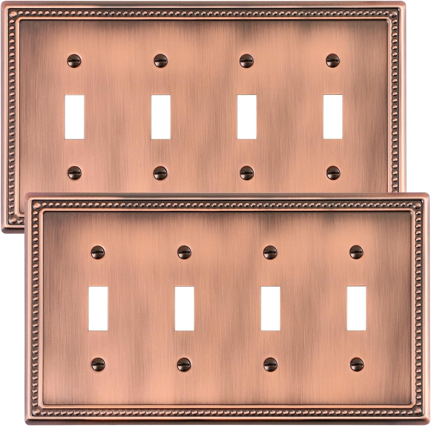2-Pack Quad Toggle Light Switch Cover Plate, 4 Gang Metal Switch Plate Covers, Antique Copper Pearls Decorative Wall Plate, Corrosion Resistant
