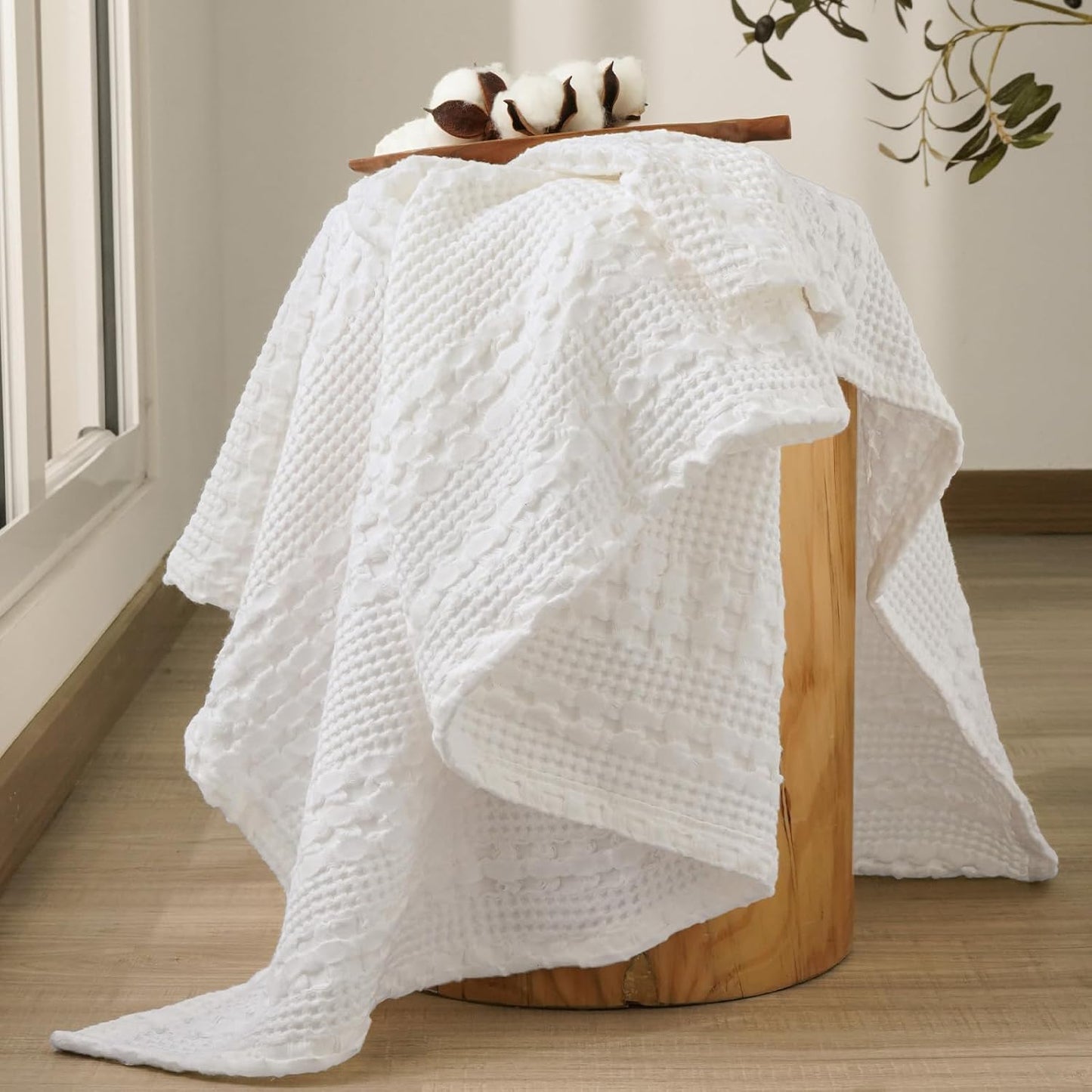 PHF 100% Cotton Waffle Weave Throw Blanket, Soft Lightweight Breathable Cozy Summer Throws for Couch Bed Sofa, Luxury Aesthetic Woven Blanket for Home Decor & Office, 50"x60", White