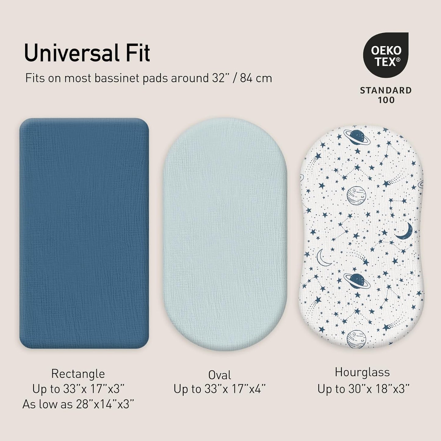 Gllquen Baby Muslin Bassinet Sheets 3 Pack, Breathable Elastic Cozy Fitted Cotton Bassinet Mattress Sheet for Baby Boy Girls, Fit for Hourglass Oval Rectangular Cradle Pad Sheets 33"x17" (Blue)