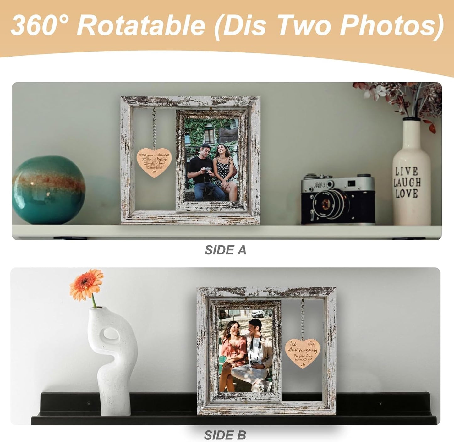 1 Year Anniversary Rotating Picture Frame Gifts for Girlfriend, 1st Anniversary Frame Gifts for Her Wife First Wedding Anniversary Photo Frame for Couple (Dis Two 6x4)